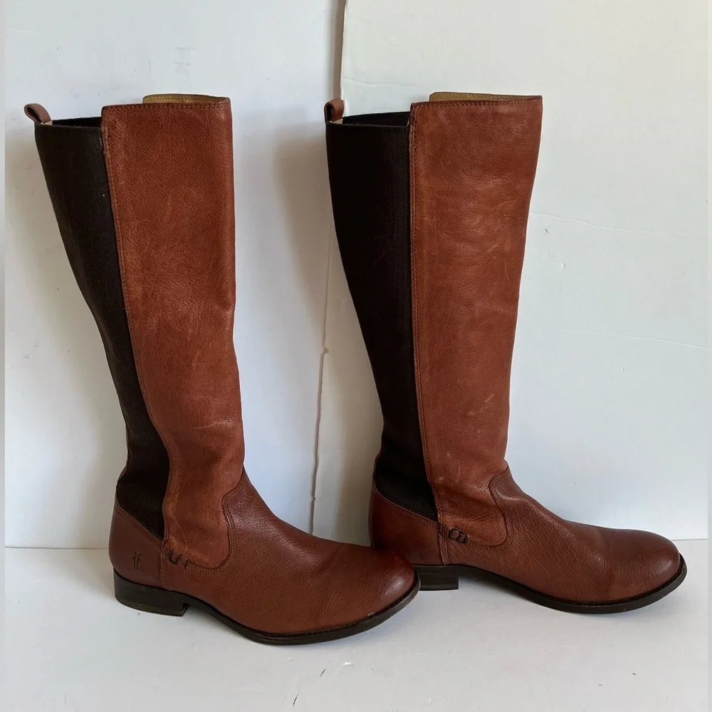 Frye Molly Gore Brown Tall Elastic Panel Riding Boots size 8.5B